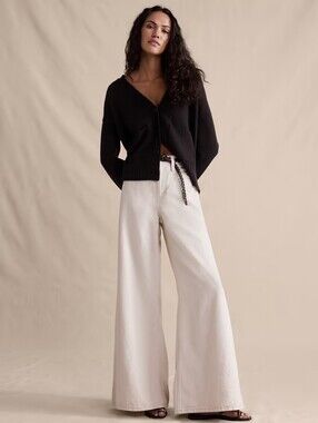 Banana Republic Cream Linen Cotton Blend Wide-Leg Jeans 26W 31L
